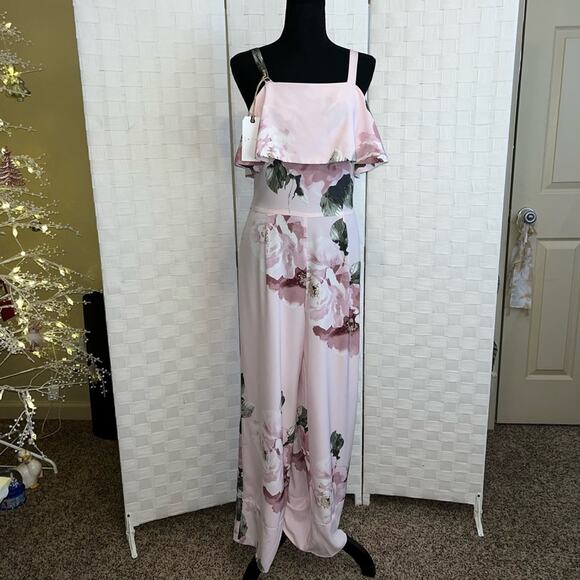 Leith Women’s Pink Silver Rose Floral Jumpsuit Size Medium Chic Flirty Floral - Picture 14 of 15